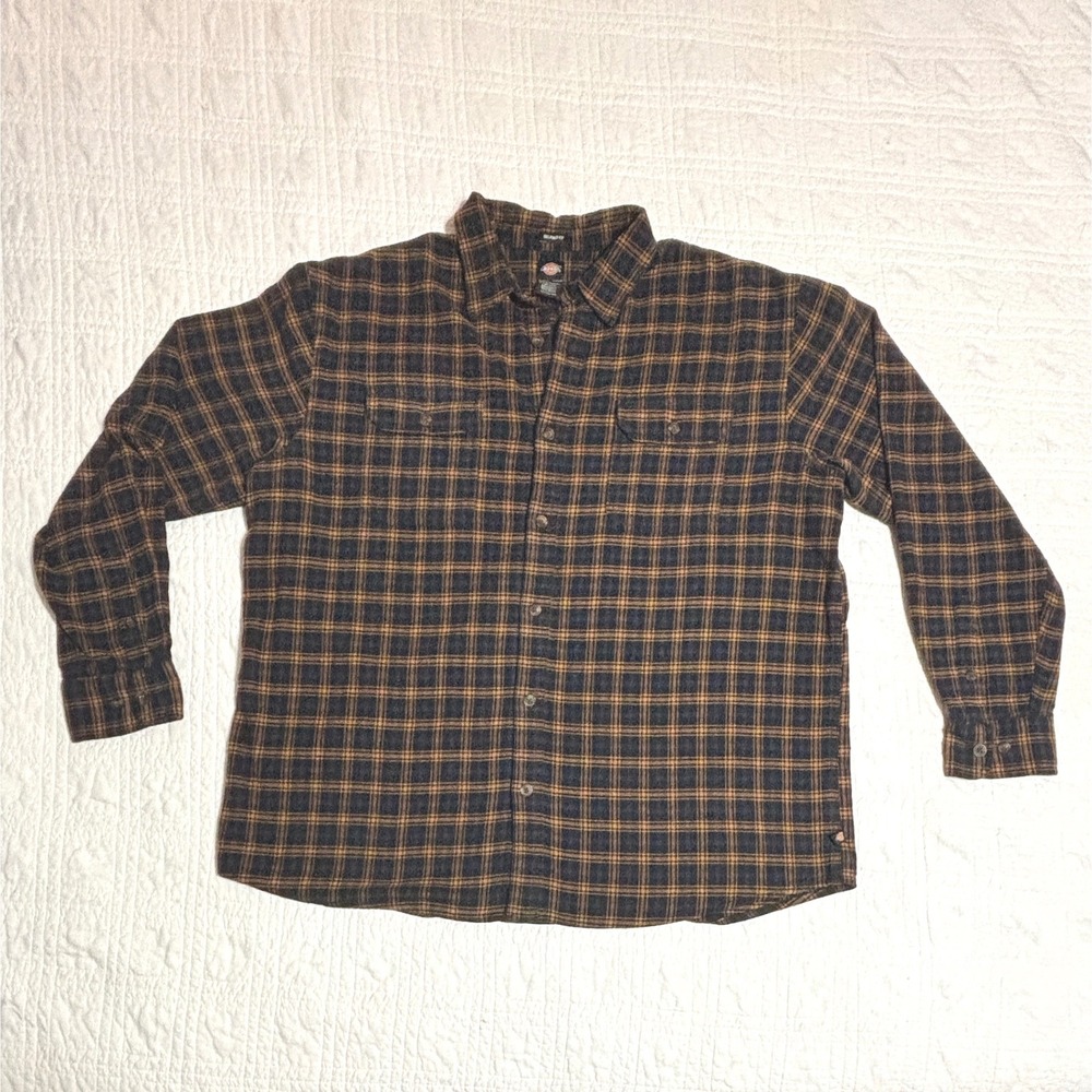 Dickies Flannel Shirt Mens XL Blue Brown Cotton Flex Plaid Relaxed Fit Workwear
